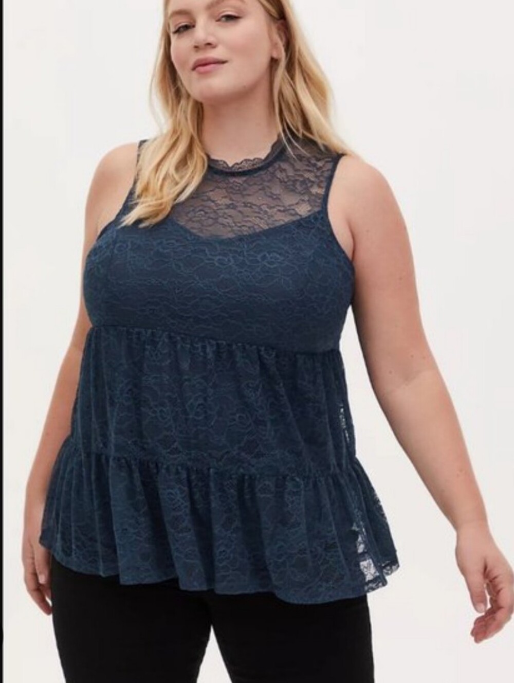 Torrid Navy Lace Mock Neck Shirred-Hem Tank